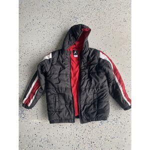 Air Jordan Puffer Jacket Youth XL 20 Black Nylon Fleece Lined Hood Full Zip Flaw
